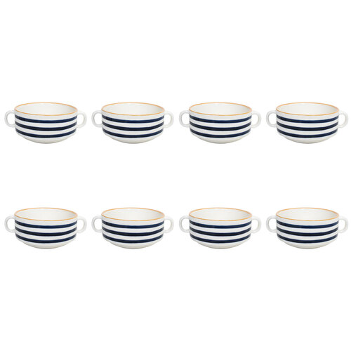 8PK LVD Ceramic Stripe Soup Mug Double Handle 16.5x12cm - White/Blue