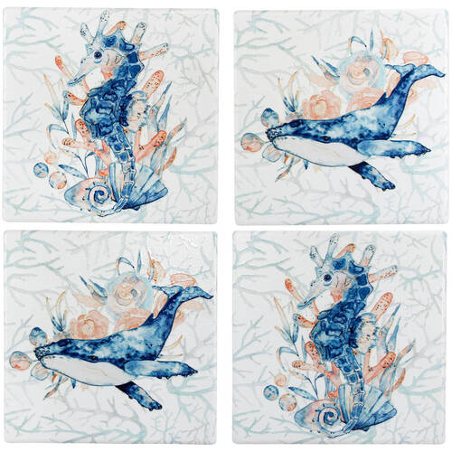 4pc LVD Ceramic Coasters Table Protector Square 9x9cm - Ocean Animals