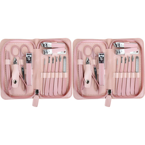 2PK 13pc LVD Dusty Metal/Plastic 15.5cm Manicure Zip Set Clipper/Cuticle Kit - Pink