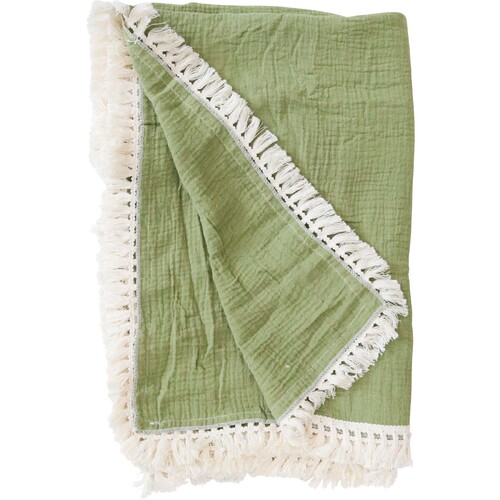 LVD 130cm Cotton Throw w/ Tassels Square Blanket Olive