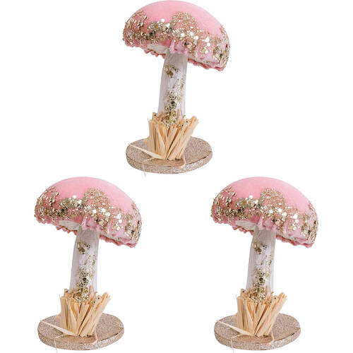 3PK LVD Fairy Toadstool Figurine Decor Small Velvet 12.5cm - Pink