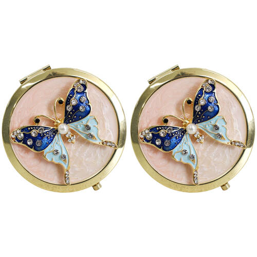 2PK LVD Metal/Enamel Compact Makeup Mirror Womens Accessory 7cm Butterfly