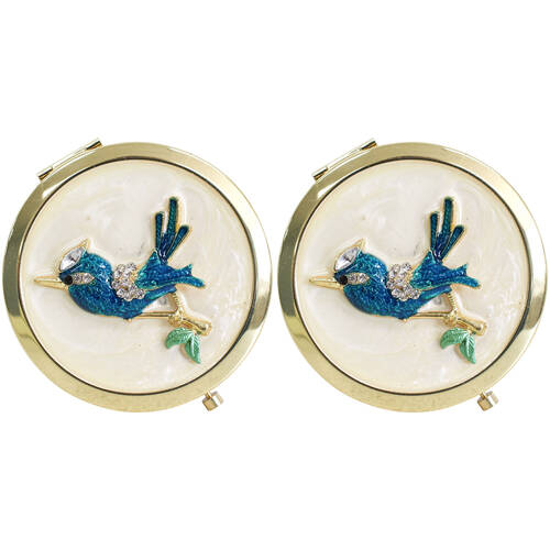 2PK LVD Metal/Enamel Compact Makeup Mirror Womens Accessory 7cm Bird