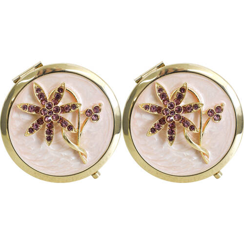 2PK LVD Metal/Enamel Compact Makeup Mirror Womens Accessory 7cm Flower