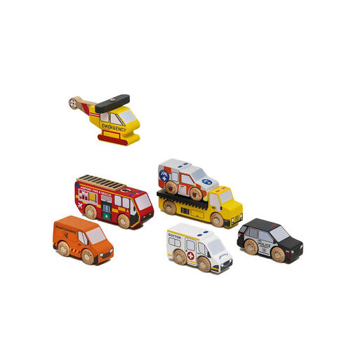 7pc Le Toy Van Wooden Emergency Helicopter & Rescue Vehicles Kids 3y+