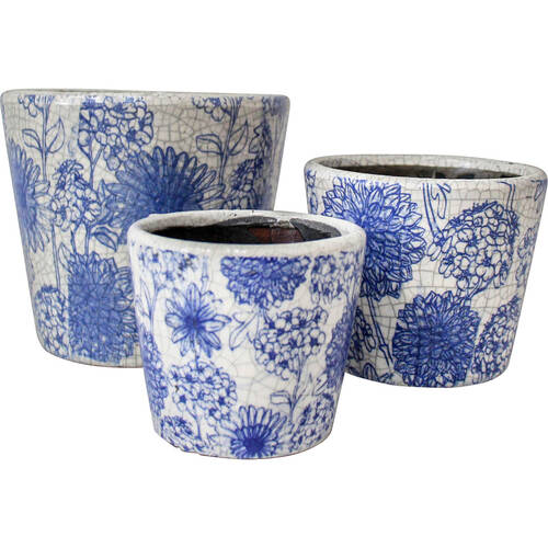 3pc LVD Terracotta Plant Pot Set Home/Garden Decor Blue Flower