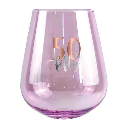 50th Birthday 13cm/600ml Stemless Wine Glass w/ Rose Gold Decal