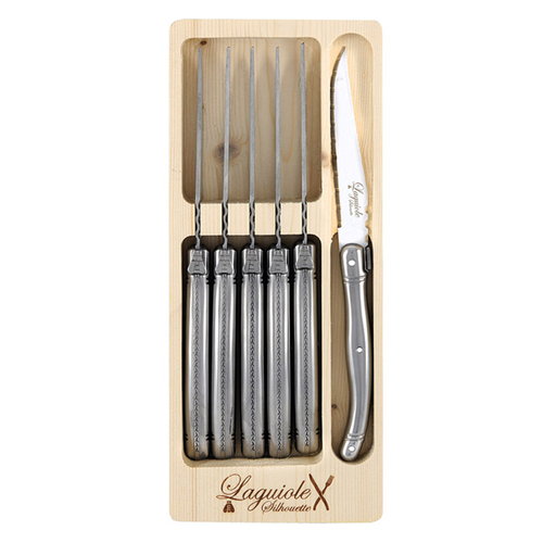 6pc Laguiole Silhouette Steak Knife Set w/ Wooden Box - Stainless Steel