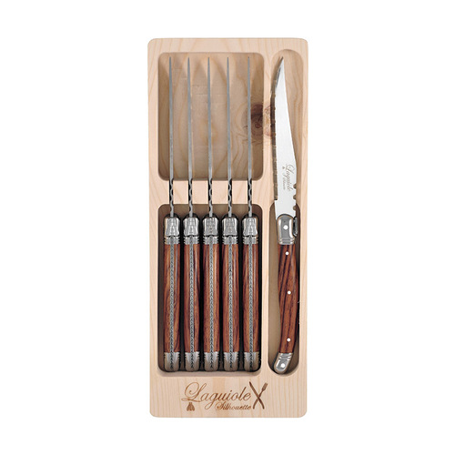 6pc Laguiole Silhouette Steak Knife Set w/ Wooden Box - Brown