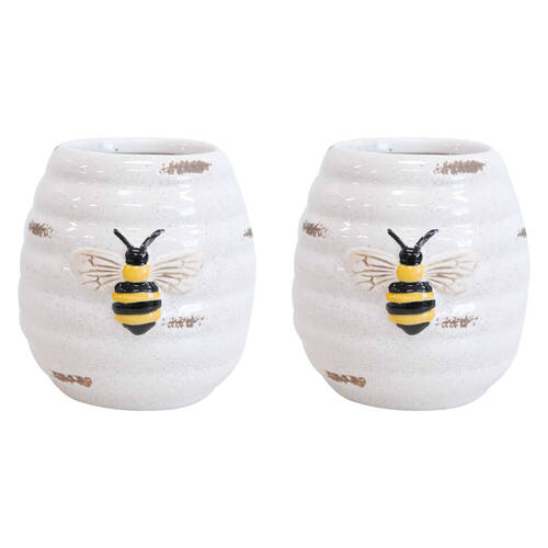 2PK LVD Ceramic Pot Plug Bee Rustic Home/Garden Decor 8x9cm - White