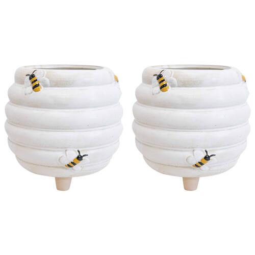 2PK LVD Ceramic Bee Planter On Feet w/ Plug Home/Garden Decor 15cm - White