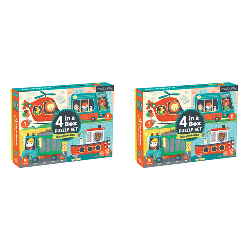 2PK Mudpuppy Kids 4 In A Box Jigsaw Puzzle Set Transport 3+