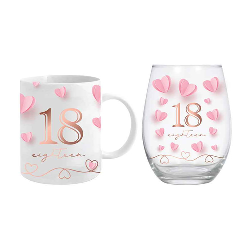 2pc 18th Birthday 360ml/600ml Ceramic Mug & Stemless Glass Set