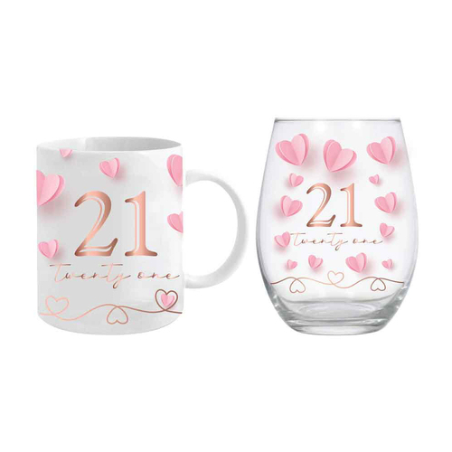 2pc 21st Birthday 360ml/600ml Ceramic Mug & Stemless Glass Set