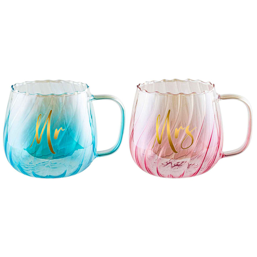 2pc Mr & Mrs 650ml Glass Mug Set Drinking Cup w/ Handle 16cm