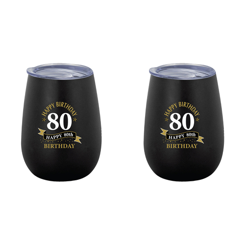 2PK 80th Birthday 360ml Stainless Steel Double Walled Insulated Mug Black