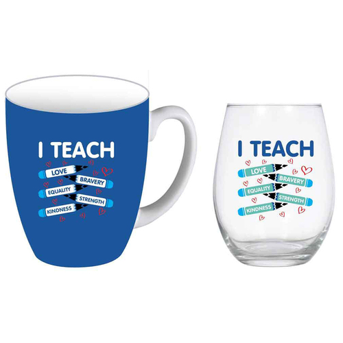 2pc I Teach Love Bravery Kindness 400ml Mug & Stemless Wine Glass Set Blue