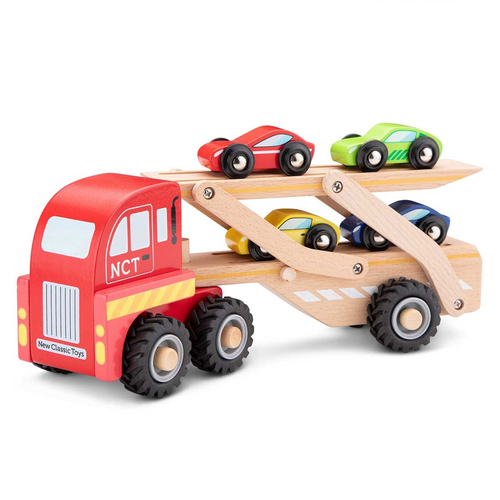 New Classic Toys 27cm Car Transporter w/ 4 Vehicles Kids Wooden Toy 12m+