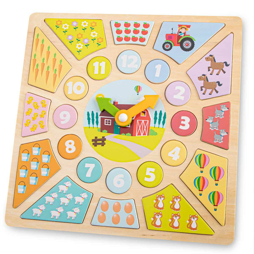 New Classic Toys FSC Farm Puzzle Clock Kids Wooden Toy 2y+