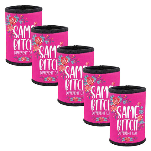 5pc Same B*tch Different Day Neoprene Stubby Holder For 375ml Bottles/Cans Pink