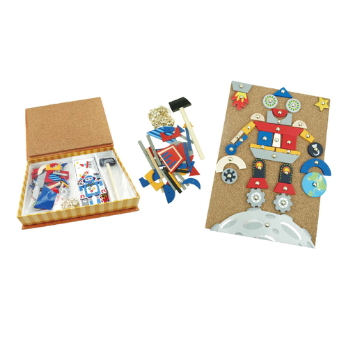 Kaper Kidz Wooden Robot & Space Tap A Shape In Book Case