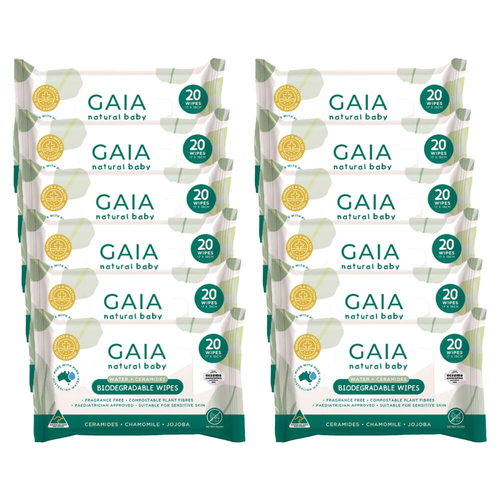 12x 20pc Gaia Natural Baby Biodegradable Water + Ceramides Wipes 