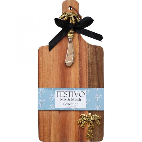 LVD Wooden 32cm Serving Board & Spreader - Palm Tree Brass