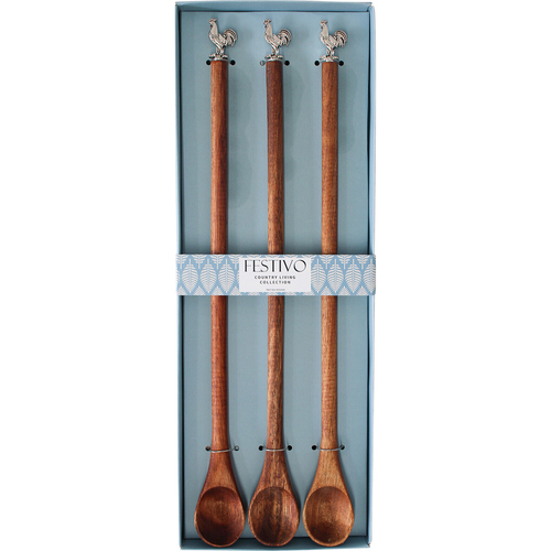 3pc LVD Rooster Chef Acacia Wood Tasting Spoon Set 34cm - Brown