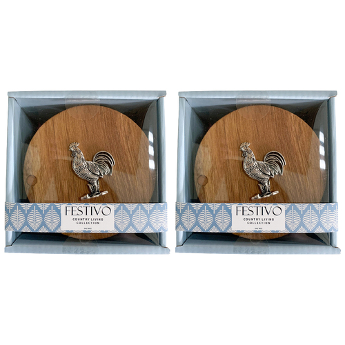 2PK LVD Rooster Acacia Wood/Metal Salt Box 12x11cm - Brown