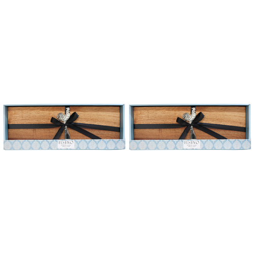 2PK LVD Rectangle 36x13cm Acacia Wood Board w/ Metal Rooster Spreader