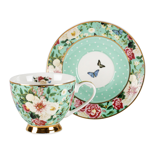 Floral Garden Mint Decorative Tea/Coffee Teacup & Saucer Set 200ml