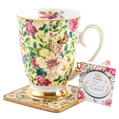 Floral Garden Cream Decorative Ceramic Mug & Coaster Set 360ml