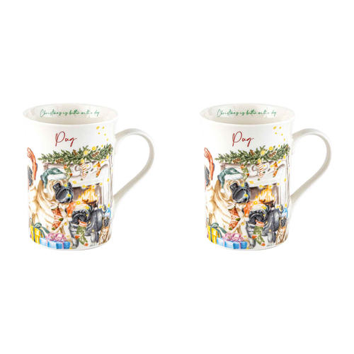 2PK Merry Muddy Paws Pug Dog/Puppy 360ml Coffee Mug New Bone China