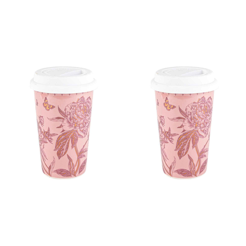 2x 20 Year Roses Travel Mug Pink 295ml 10 Oz Double Wall