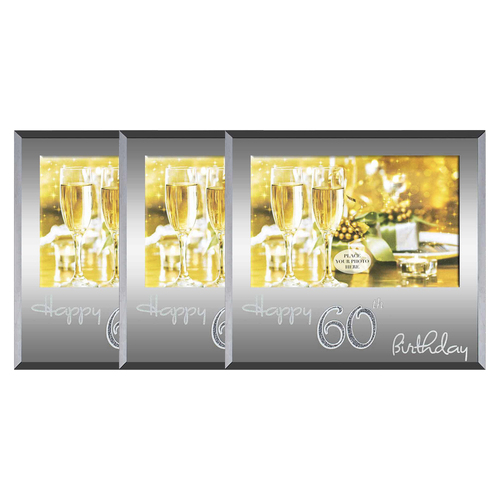 3x Happy 60th Silver Text 6x4 Inch Keepsake Novelty Photo Frame