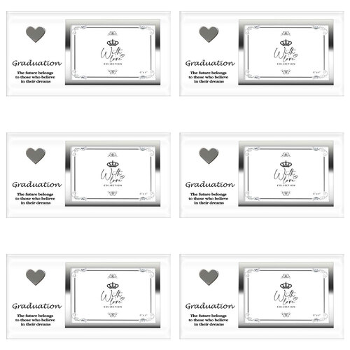 6PK Graduation Heart Glass/Mirror 6x4'' Photo Frame - Silver