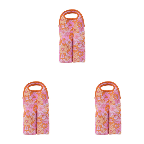 3PK Splosh Picnic Retro Floral Wine Cooler Insulated Bag 23x37cm