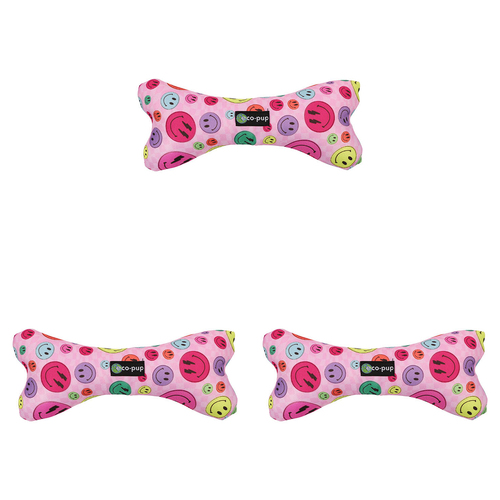 3PK Eco-Pup Dog Soft Play Chew Toy Bone Smiley Pattern