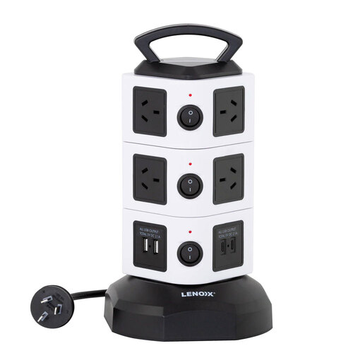 Lenoxx 10 Outlets Power Tower w/ 4 USB Charging Points