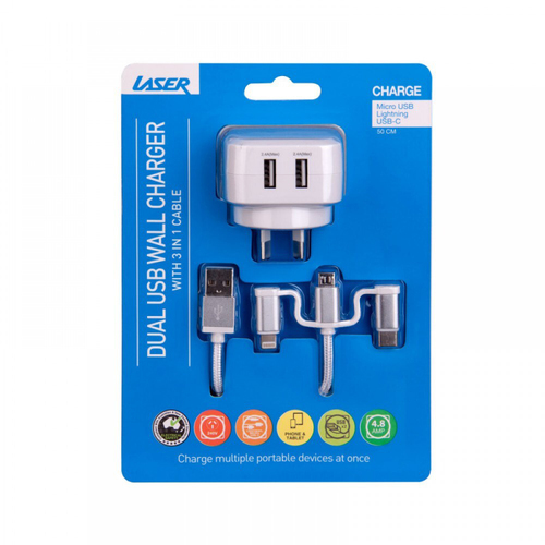 Laser 24W Dual USB-A Charger 2.4A AU/NZ Plug w/ 3in1 Cable - White