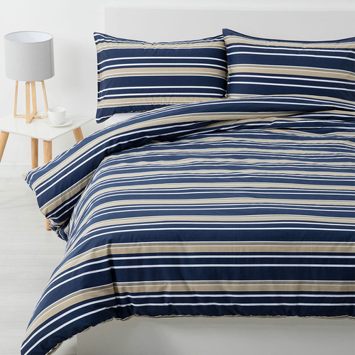 Jason Commercial Queen Bed Brighton Quilt Cover Set 210x210cm Midnight Blue/Oatmeal Stripe