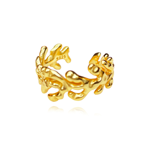 Culturesse Coral Art Deco Adjustable 2cm Open Ring - Gold Vermeil