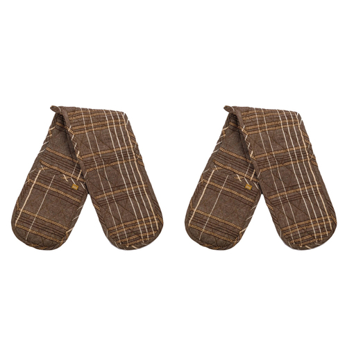 2PK Belle Textured Check Double Cotton Oven Glove Mitt 90x18cm - Earth Brown