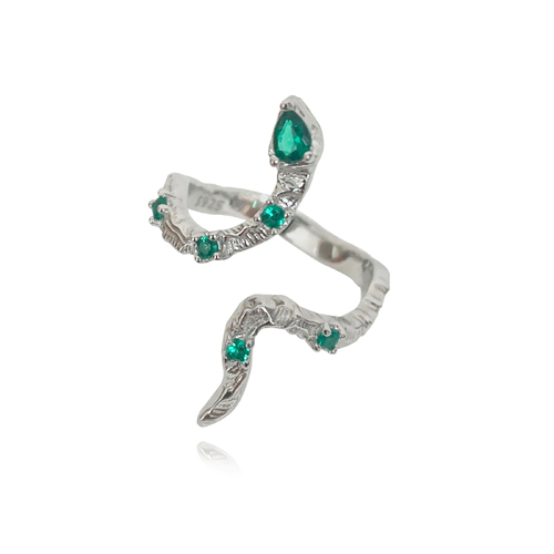 Culturesse Soriya Sculptural 2.8cm Serpent Open Ring - Silver/Emerald