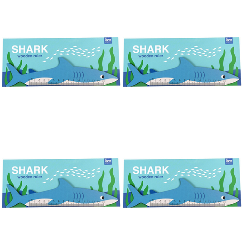 4PK Rex London Kids/Children Wooden Ruler 0-15cm - Shark 3y+