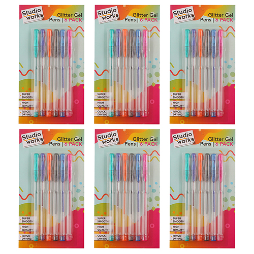 6x 6pc Studio Works Glitter Gel Pens Assorted 21x11.6x1.5cm