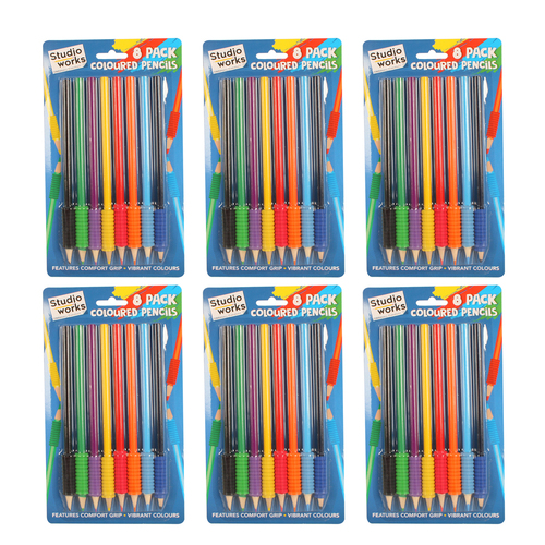 6x 8pc Studio Works Coloured Pencils w/ Grip 8 Assorted Colors