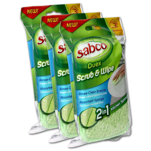 3 x 3pc Sabco Duex Scrub & Wipe 2 In 1 Kitchen Sponge