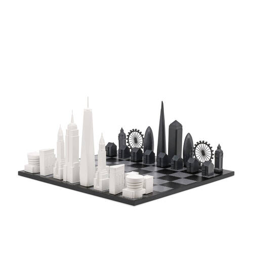 33pc Skyline Chess London vs New York Edition Wood Board w/ Hatch Design Black/Grey