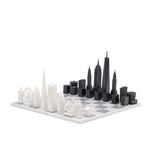 33pc Skyline Chess London vs New York Edition Marble Board w/ Hatch Design Grey/White